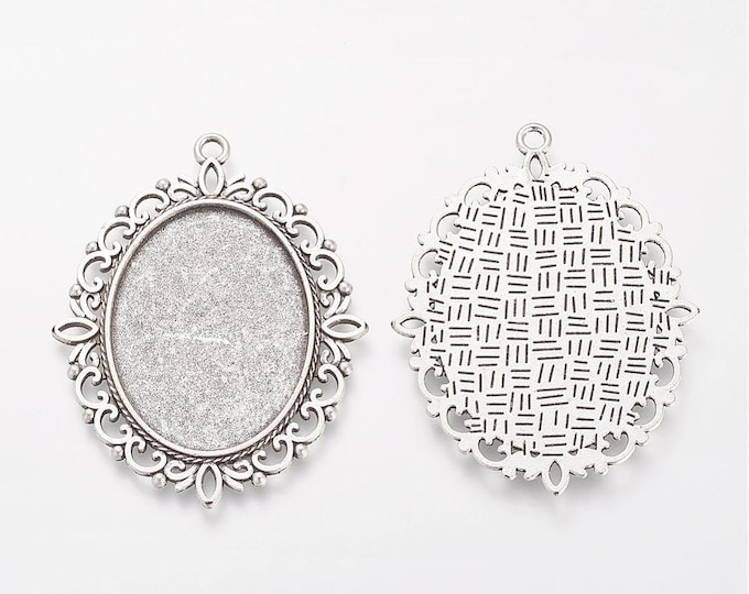 5 Antique Silver Cabochon Oval Pendant Trays 40x30mm (Fits 25x18mm Cabs) (A130o)