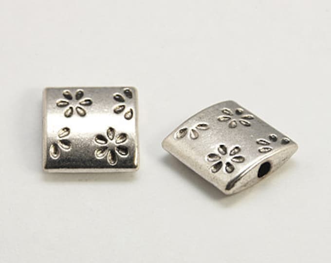 Antique Silver Tone Square 10mm Alloy Carved Flower Spacer Beads (A50)