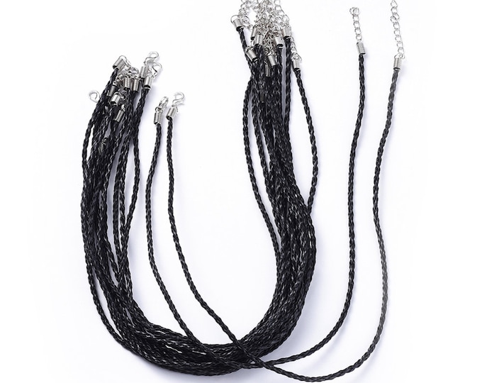 5 Black Imitation Leather Braided Cord Necklaces w/Platinum Findings 17" (a433h)