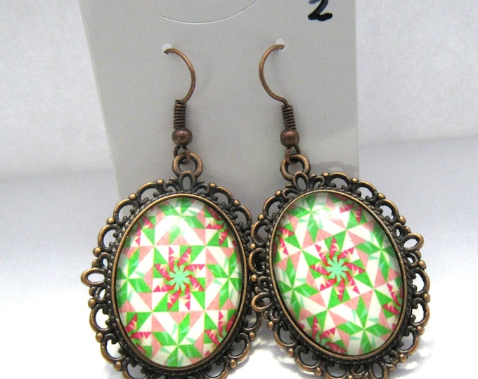Oval Patchwork Pinwheel Glass Cabochon Earrings Antique Copper Setting (J10d2)