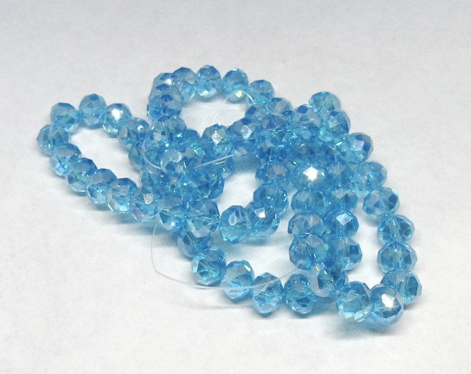 1 Strand 10 x 7mm Electroplated Faceted Rondelle Glass Beads - Deep Sky Blue (A72j)