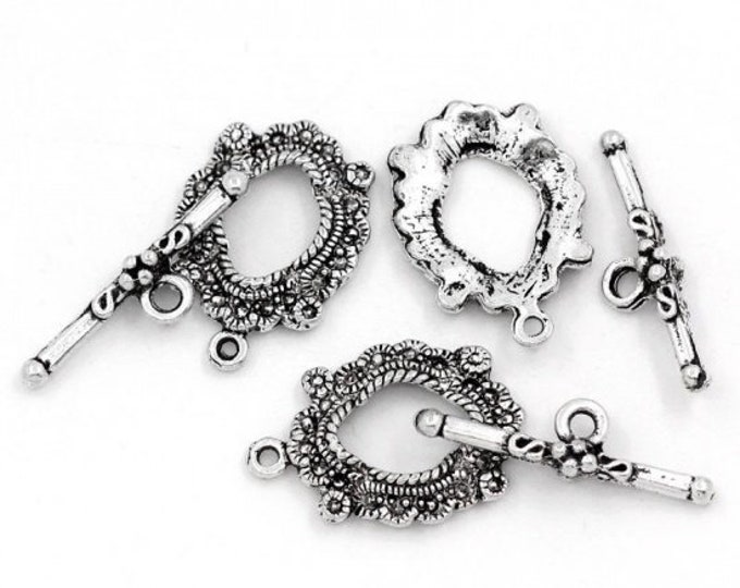 Antique Silver 24x17mm Oval Carved Flower Toggle Clasps (A269c/d)