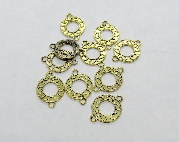 10 Antique Gold Tone  Round Carved w/Hearts Connector Links 21x16mm (A54b)