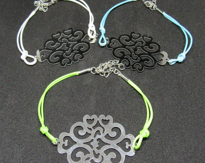 5 Assorted Color Nylon Cord Stainless Steel Filigree Rhombus Heart Bracelets 7.25-8.25" (J8k)