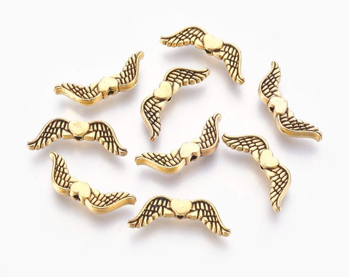 Antique Gold  Tone 20x7mm Alloy Angel Wing w/Heart Spacer Beads (A484i/J)