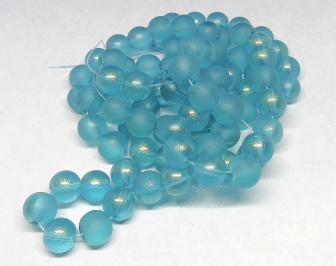 1 Strand 10mm Frosted Round Glass Beads - Pacific Blue w/Hint of Gold (A71v)