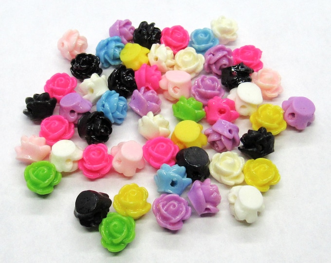 50 Pcs 9x7mm Assorted Color Resin Flatback Rose Flower Bead/Cabochons (A214d)