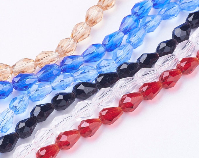 Choice of Color 1 Strand Transparent 6x4mm Faceted Glass Teardrop Beads (A138-235e/f)