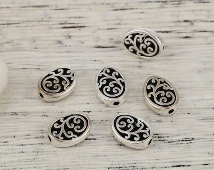 10 Antique Silver Tone Carved Oval 12 x 10mm Spacer Beads (A350c)