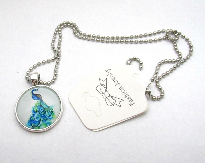 Silver Tone Peacock Glass Cabochon Pendant Necklace on 3mm Stainless Steel Ball Chain 20" (J9a)