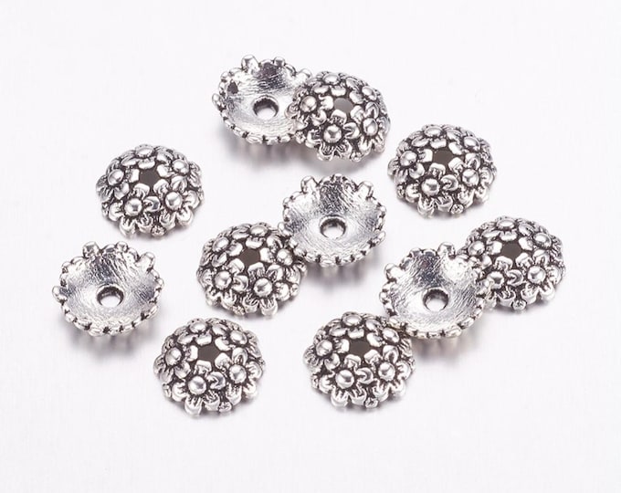 50 Antique Silver Tone Alloy Flower Bead Caps 11mm (A511d)