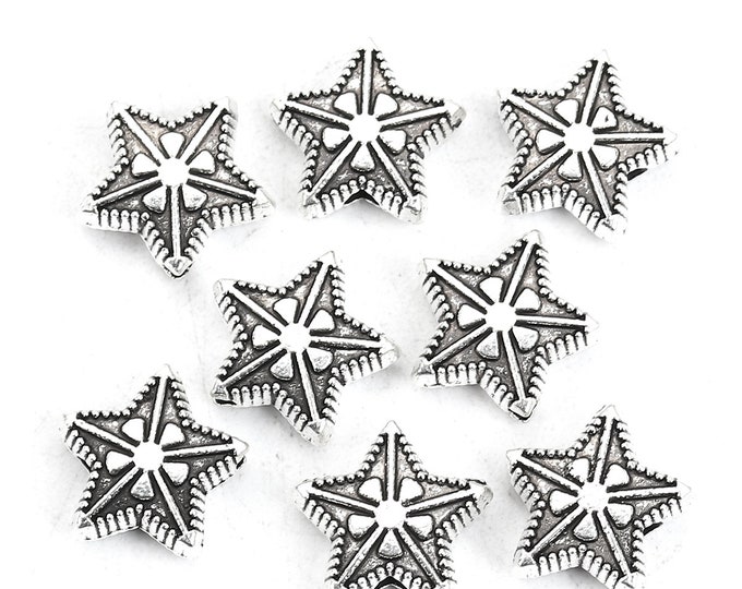 25 Antique Silver Tone 11mm Alloy Star Spacer Beads  (A221i)