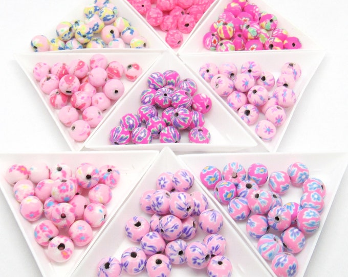20pcs Choice of Design 7-9mm Handmade Round Polymer Clay Beads in Pinks (A310a1-8)