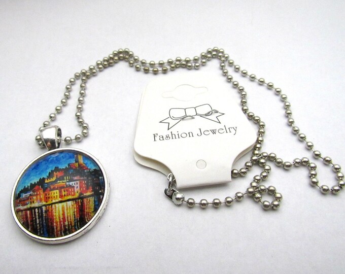 Silver Tone Town Reflection I Glass Cabochon Pendant Necklace on 3mm Stainless Steel Ball Chain 20" (J9L)
