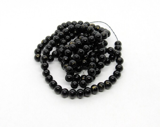 1 Strand 6mm Round Drawbench Glass Beads - Black w/Gold (A20d)