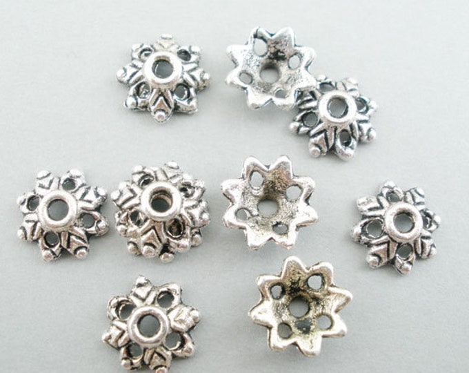 50 Antique Silver Tone Alloy Bead Caps 9mm (A360c)