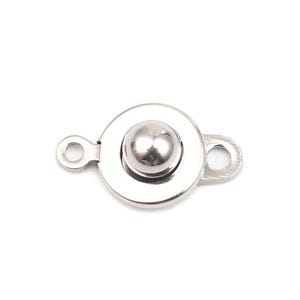 May include: A shiny silver-colored jewelry clasp with a circular design. The clasp features a central ball and a surrounding ring, with small loops on either side for attachment. The metal has a polished, reflective surface.