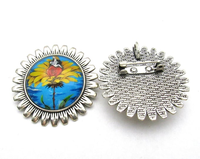 Antique Silver Tone Fairy on Flower Glass Cabochon Sunflower Brooch/Pin/Pendant 1.5" (J10e3)