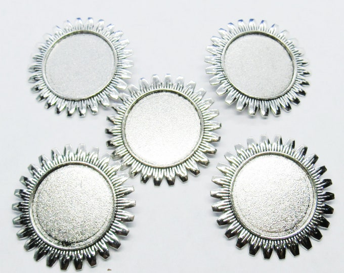 5 Antique Silver Cabochon Round Flower Pendant/Brooch Trays 38mm (Fits 25mm Cabs) (A186i)