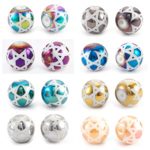 May include: Assortment of 16 iridescent glass beads with a star of David design. The beads are in various colors, including blue, green, purple, gold, silver, and pink.