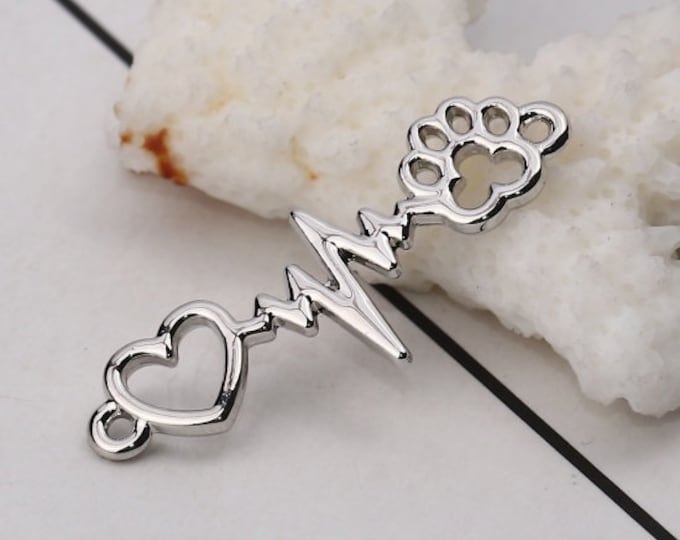 5 Antique Silver Tone Heartbeat/ EKG Connector Links w/ Heart & Paw Print 34x12mm (A299d)
