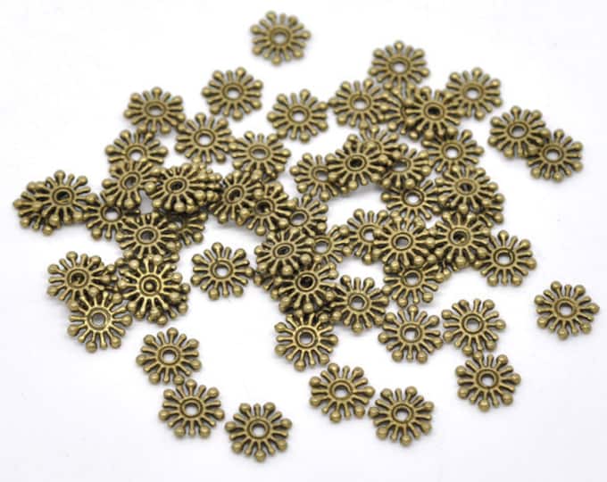 50 Antique Bronze Tone 9mm Alloy Snowflake Flower Spacer Beads (A383b)