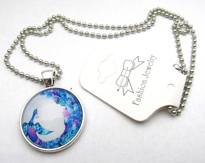 Silver Tone Peacock Glass Cabochon Pendant Necklace on 3mm Stainless Steel Ball Chain 20" (J9m)