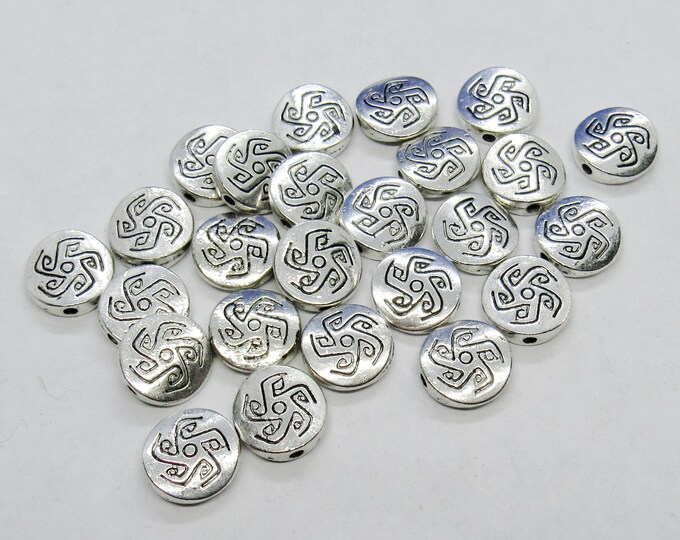 25 Antique Silver Tone Alloy Carved Flat Round 11mm Spacer Beads  (A176h)
