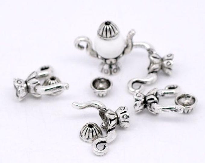 10 Sets Antique Silver Alloy 2 Pc Teapot Bead Caps  (A203u/bu8)