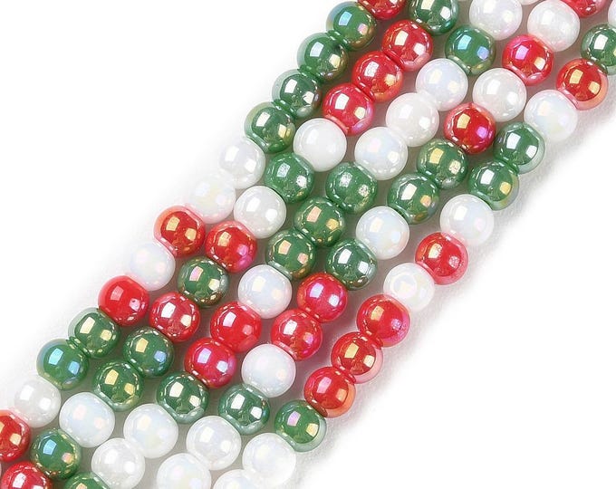 1 Strand 4mm Round Opaque Electroplate/AB Plated Glass Beads - Red Green and White (A228f)