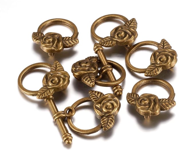 10 Sets Antique Bronze Round w/Rose Toggle Clasps 18x19mm  (A502g)