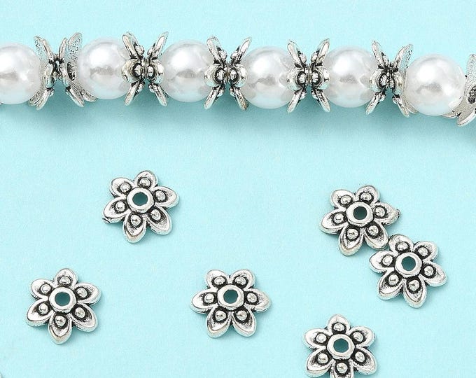 25 Antique Silver Tone Alloy Flower Bead Caps 9x3mm (A511a)