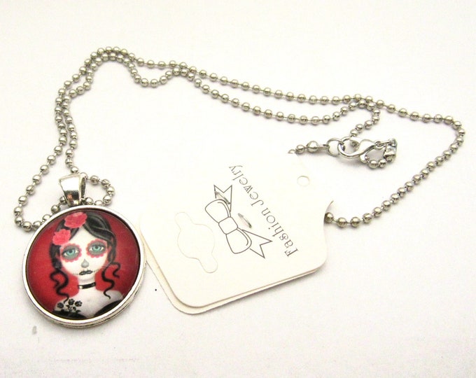 Silver Tone Day of the Dead Girl Glass Cabochon Pendant Necklace on 3mm Stainless Steel Ball Chain 20" (J9d)