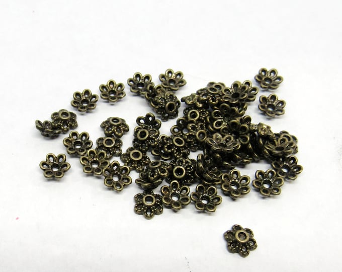 50 Antique Bronze Tone Alloy Flower Bead Caps 6x6mm (A3c)