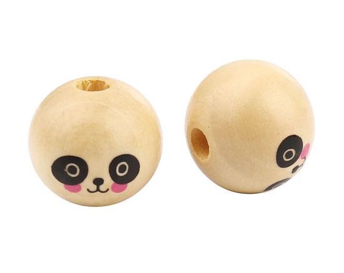 15 Wooden 20mm Round Beads with Dog/Bear Face  (A508d)
