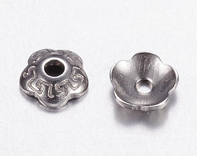 25 Tiny (304) Stainless Steel 5 Petal Flower Bead Caps 4mm Fits 4mm+ Beads (A363r)