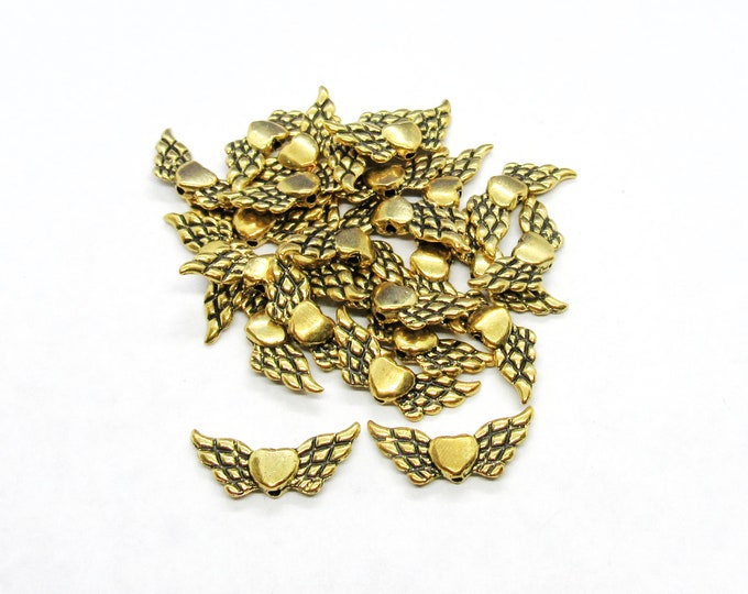 25 Antique Gold Tone 22x9mm Alloy Angel Wing w/Heart Spacer Beads (A104y)