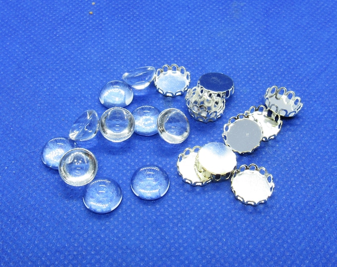 10 Silver Plated Color Brass Lace Edge Bezel Cups with Glass Domes (A70g)