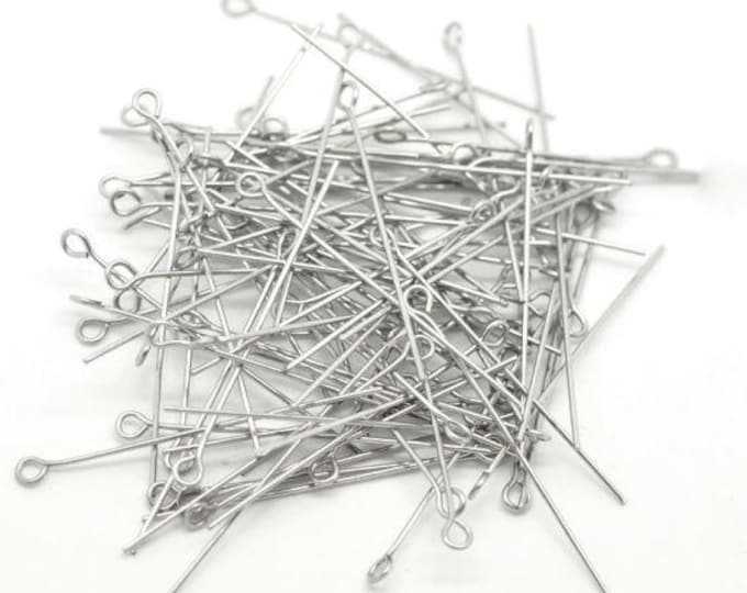 200 Silver Tone 304 Stainless Steel Eye Pins 40mm/21g  (A168a)