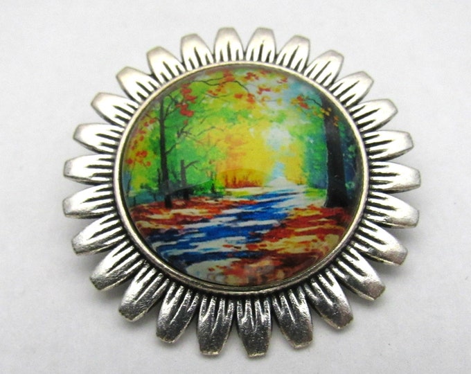 Antique Silver Tone Country Fall Landscape Glass Cabochon Sunflower Brooch/Pin/Pendant 1.5" (J10f9)