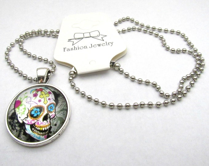 Silver Tone Day of the Dead Sugar Skull Glass Cabochon Pendant Necklace on 3mm Stainless Steel Ball Chain 20" (J9k)