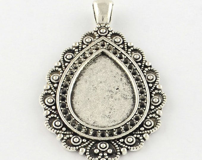 5 Antique Silver Cabochon Teardrop Pendant Trays 54x35.5mm (Fits 25x18mm Cabs) (A285a)