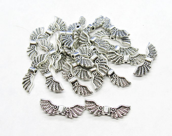 25 Antique Silver Tone 22x7mm Alloy Angel Wing Spacer Beads (A86a)