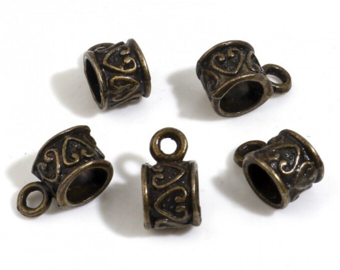 10 Antique Bronze 11x6mm Alloy Carved Heart Round Pendant Bails  (A329c)