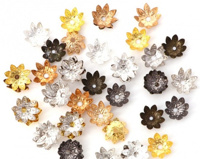 100 Assorted Tone Alloy Flower Bead Caps 10mm Fit 10mm+ Beads (A323g)