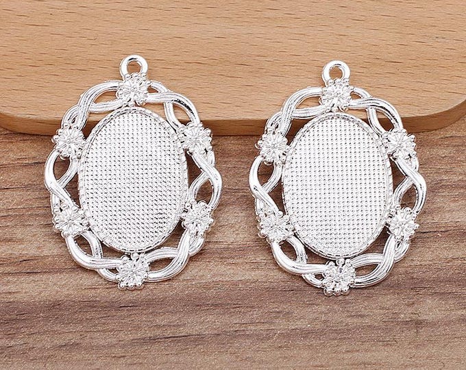 5 Silver Tone Cabochon Oval Pendant Trays 44x33mm (Fits 25x18mm Cabs) (A474f)