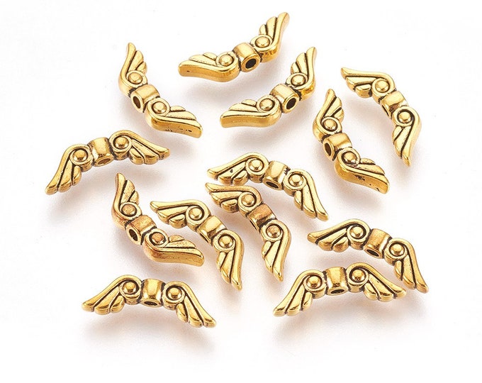 50 Antique Gold Tone 16x5mm Alloy Angel Wing Spacer Beads (A348a)