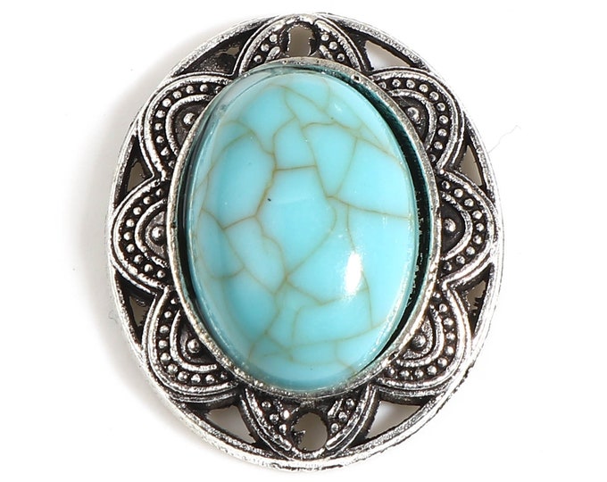 5 Metal Alloy Antique Silver Tone w/Faux Turquoise Oval Connector Links 20x17mm (A411b)