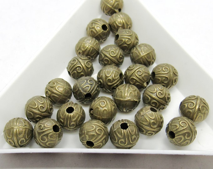 25 Antique Bronze Round Carved Spacer Beads 7mm  (A176g)