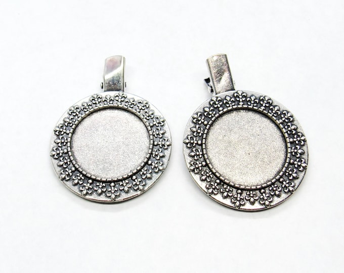 2 Antique Silver Vintage Look Alligator Hair Clip Cabochon Trays w/ Fleur De Lis 39mm (Fits 25)  (A48j)